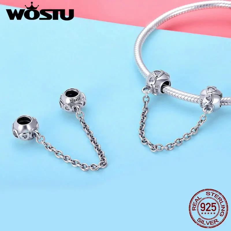 WOSTU 100% Стерлинговое Серебро 925 пробы De-lovely Heart Safety Chain Charm fit Beads Bracelet Necklace DIY Jewelry Making