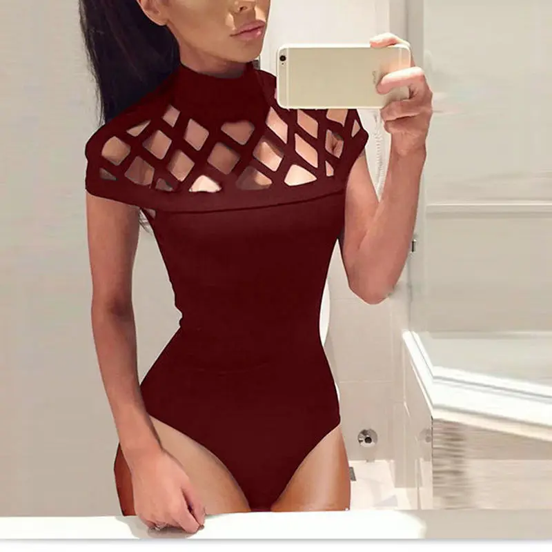 Новый женский короткий рукав полое трико обтягивающее бандажный комбинезон топы