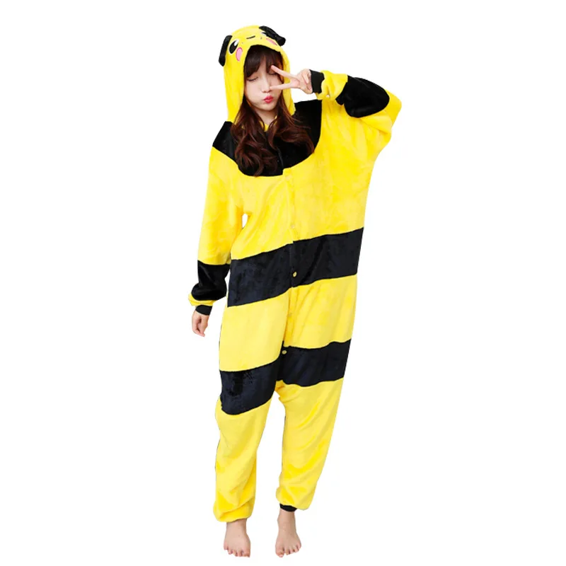Kigurumi Yellow Bee Pajama Adult Animal Onesies for Women Men Couple Winter Pajamas Kegurumi Sleepwear Flannel Pijamas pyjama