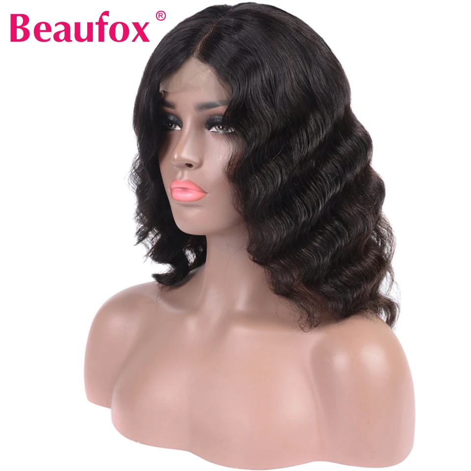Beaufox 13x4 Короткие парики из натуральных волос на кружеве для черных женщин 150% предварительно сорванные волнистые парики из перуанских волос Remy