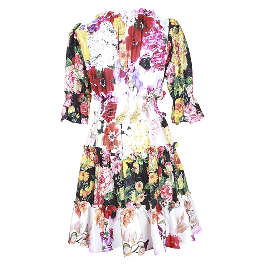 Женское мини-платье подиумное короткое платье с цветочным принтом и оборками на