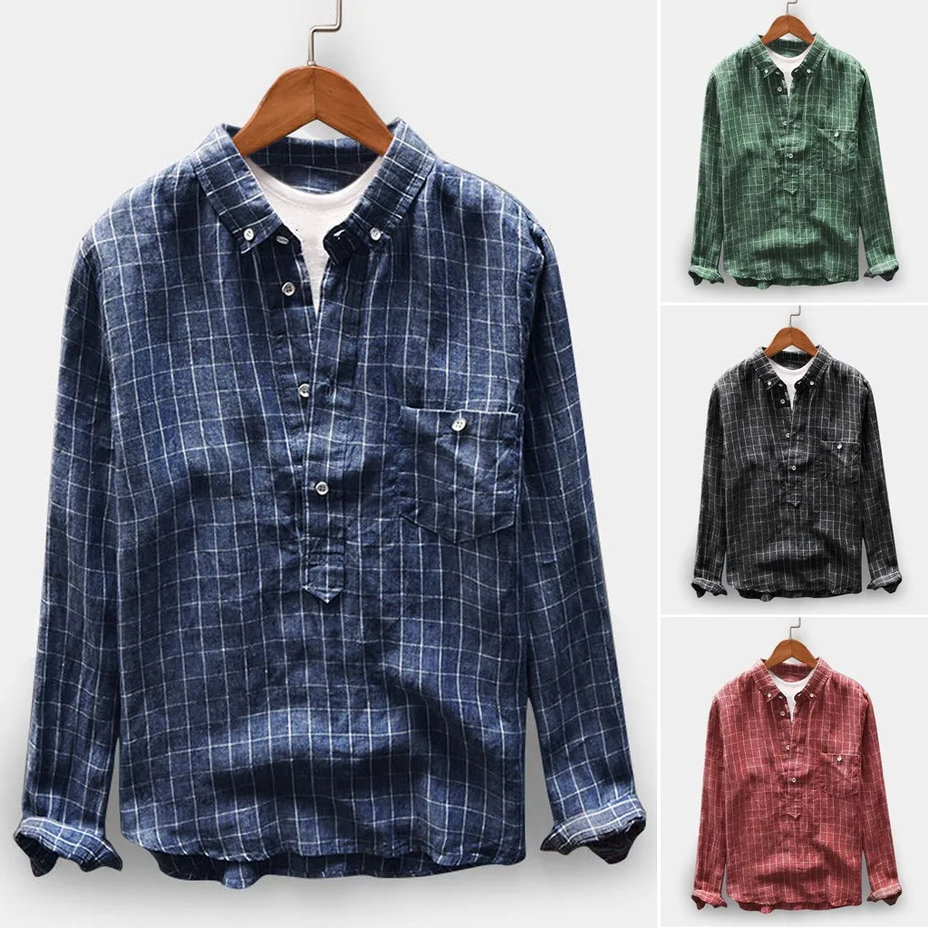 Мужская рубашка с длинным рукавом и карманом на кнопках в стиле ретро большие