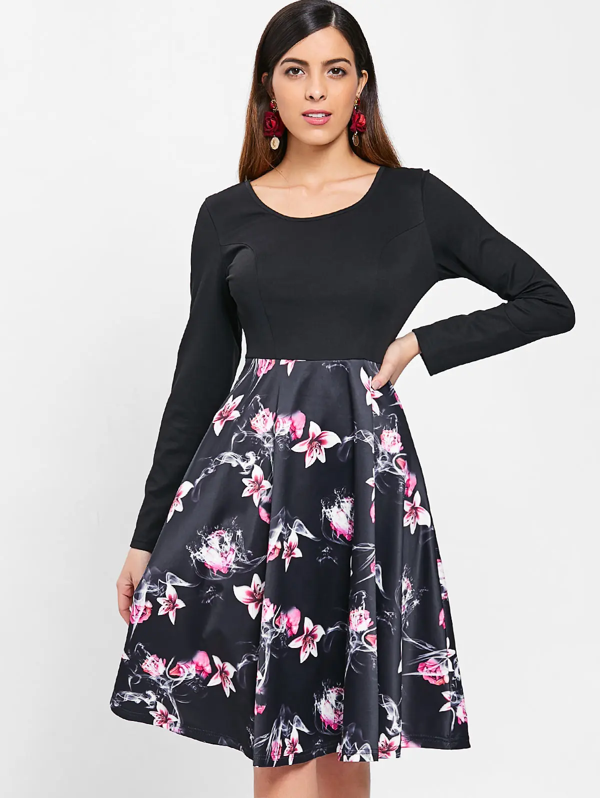 Floral Print Criss Cross Women Retro Dress 50s 60s Round Neck Long Sleeves Rockabilly Swing Vintage Party Vestidos | Женская одежда