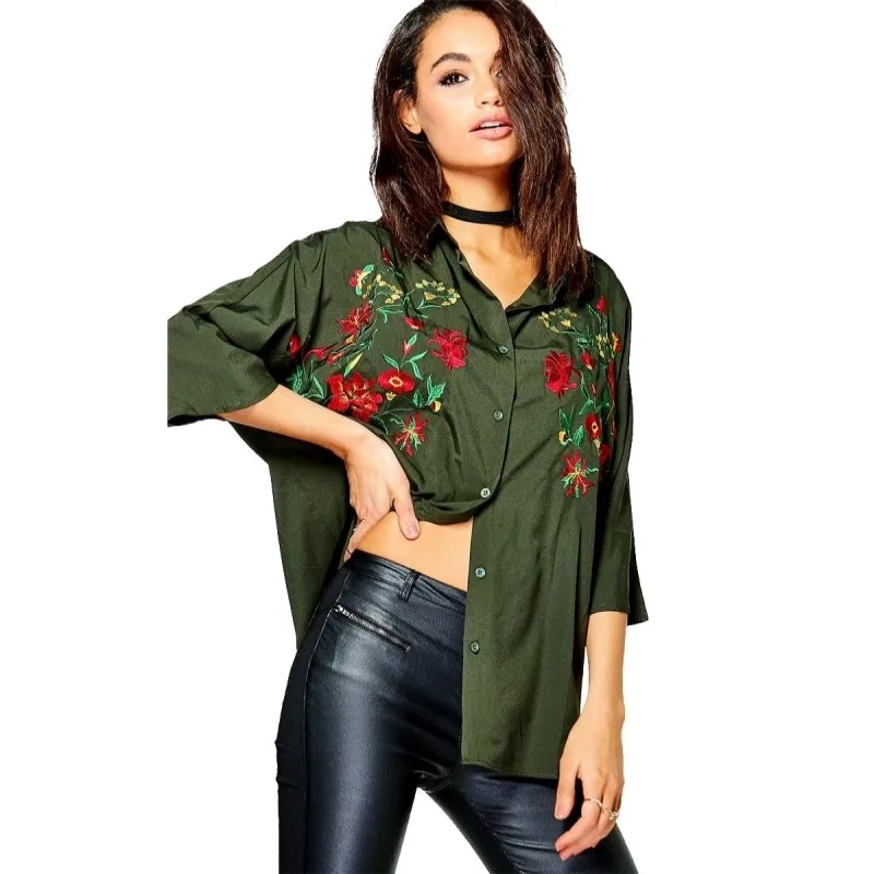 Fashion casual solid color simple flower embroidery shirt camiseta women blusa feminina blouse B174 |
