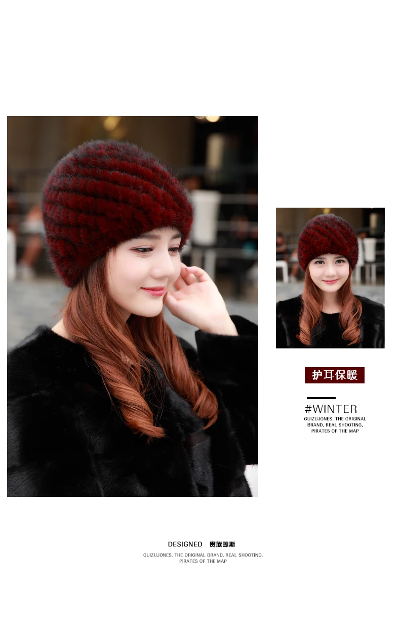 Women's Genuine Real Knitted Mink Fur Bomber Hats Female Winter Caps Ear Warmers Fashion Headgear