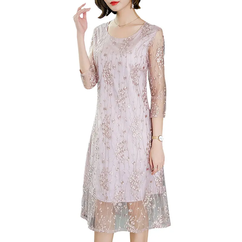 

Women Pink Maxi Elegant Dress 2019 Summer Fashion Round Neck Embroidery Lace Long Ladies Dresses Female Vestidos Plus Size HJ308