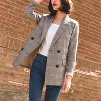 vintage notched bouble breasted plaid women blazer thicken autumn winter jackets female retro suits coat 2018 work high quality