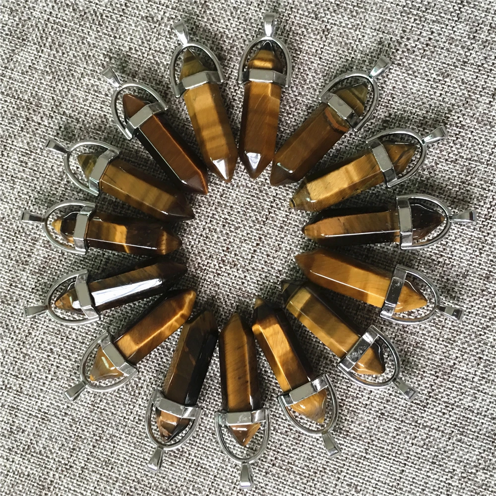 

Hot!! Natural Tiger eye stone Pillar Charms Pendants Fashion Healing Bullet Pendulum for Necklace Jewelry Making Wholesale 24PCS