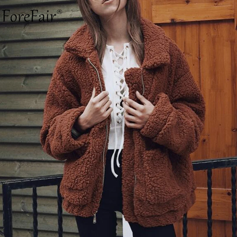 Forefair/зимнее пальто из искусственного меха размера d, Женская куртка с натуральным мехом плюшевого мишки, повседневное пальто свободного размера плюс с карманами и отворотами