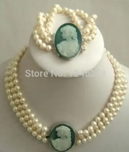 Joyería en venta, conjunto de joyería de 3 filas de 7-8mm, collar con camafeo de perlas blancas Akoya, conjunto de joyería con piedras naturales de 18 pulgadas
