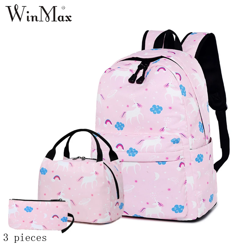 pink Winmax, водонепроницаемый нейлоновый школьный рюкзак для девочек-подростков, женский рюкзак, комплект из 3 предметов, единорог, Mochila Escolar, портфель - Цвет: pink