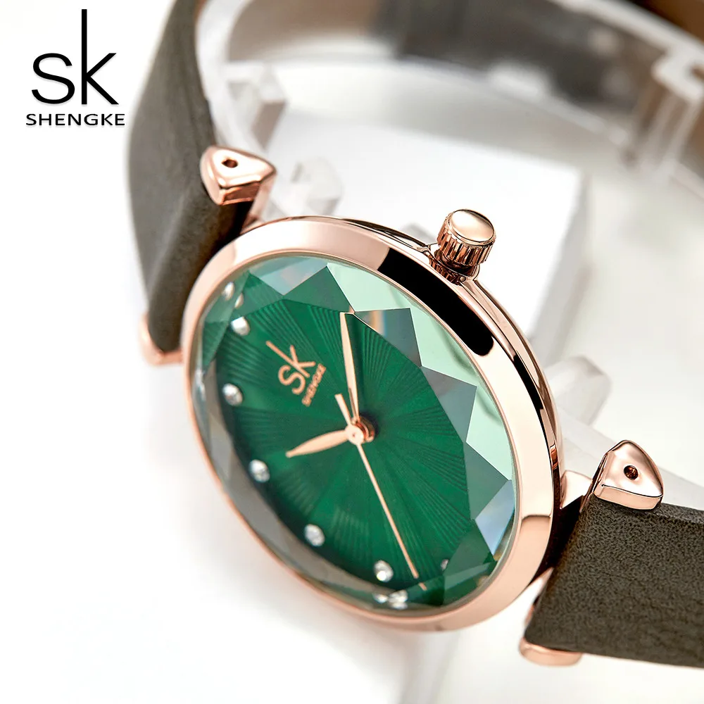 Shengke женские кварцевые часы Модные Зеленые Женские с кожаным ремешком