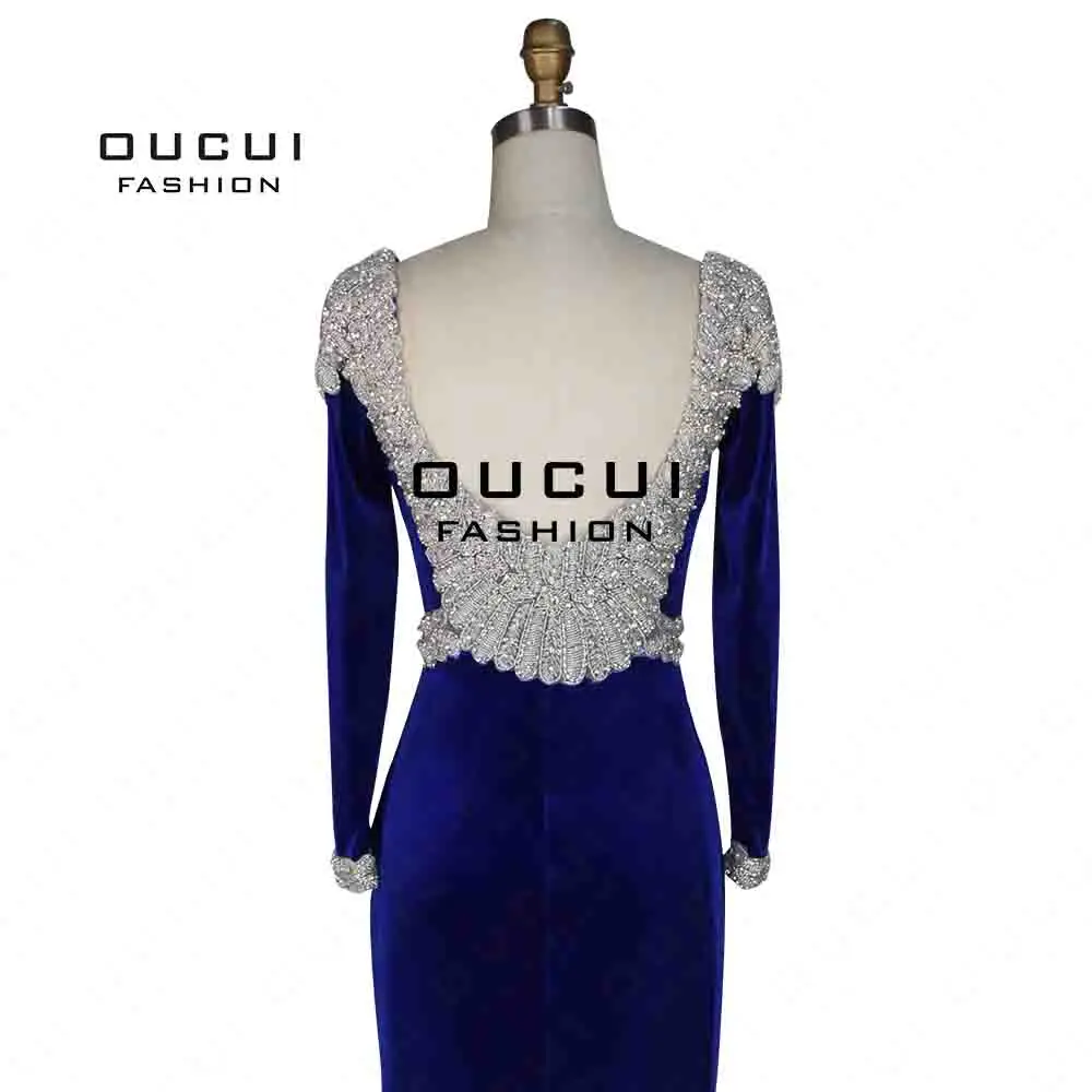 

Royal Blue Handmade Beading Long Prom Dresses 2019 Full Sleeves V backless Abiye Fashion Formal Mermaid Evening Gowns OL103073