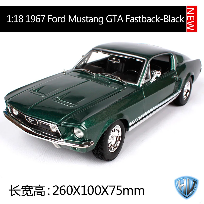 Maisto 1:18 1967 ford mustang gta fastback черный зеленый автомобиль литья под давлением 260*100*75 мм роскошная винтажная модель автомобиля форма автомобиля 31166