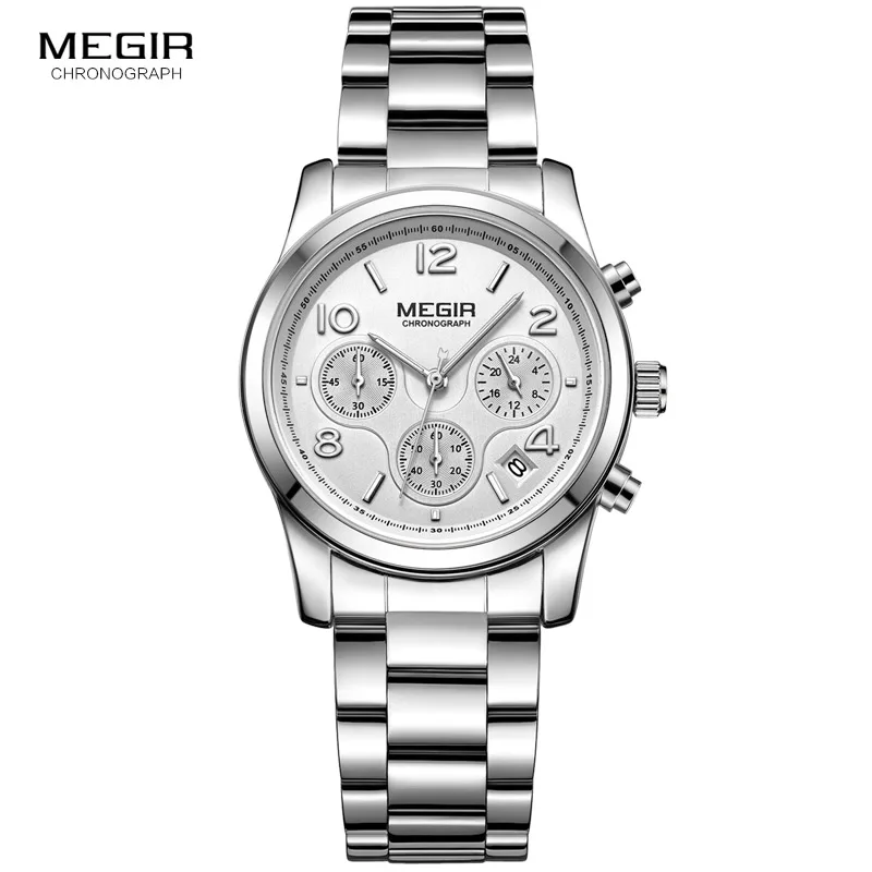 MS2057L-Silver MEGIR женские кварцевые часы с хронографом, часы с золотым браслетом из нержавеющей стали, часы с календарем, наручные часы для женщин - Цвет: MS2057L-Silver
