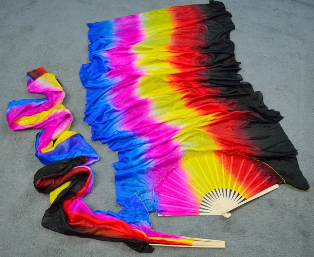 

Hits 2016 High selling handmade Quality Silk Belly Dance Fan Dance 100% Real Silk Veils 1 PairColored vertical stripes180*90 cm