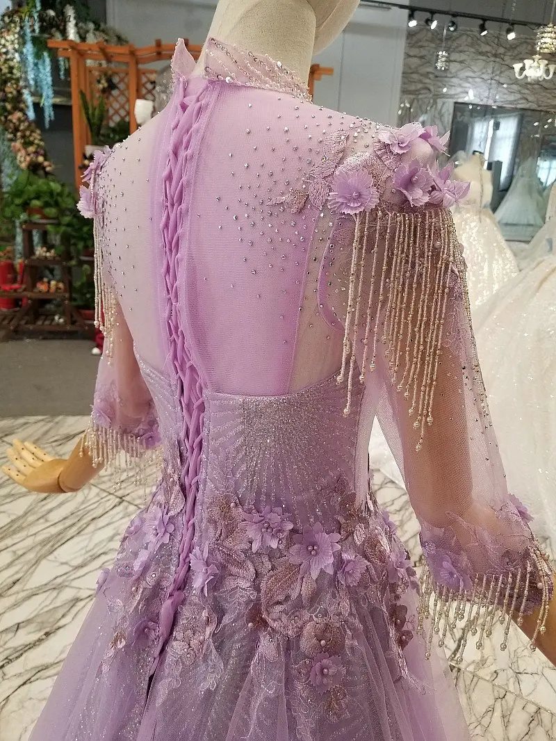 Lilac High Neck Prom Dress 2019 Sequins Beads Tassel Appliques Half Sleeve gala dress robes de bal vestidos cerimonia longos