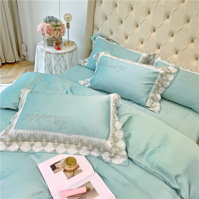 Luxury Green Pink Blue Gray 100S Tencel Silk Princess Girl Bedding Set Lace Queen King Size Duvet Cover Bed Sheet Pillowcases | Дом и сад