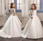 Платье атласное с длинным рукавом для девочек, с аппликацией из бисера, для первого причастия, с цветочным принтом, белое цвета слоновой кости, на свадьбу