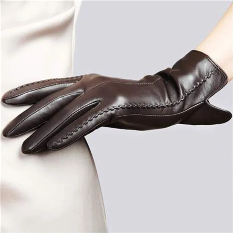 dark brown Лидер продаж, женские перчатки из натуральной кожи, женские осенне-зимние Утепленные бархатные модные трендовые перчатки из овчины, L085NC-1 - Цвет: dark brown