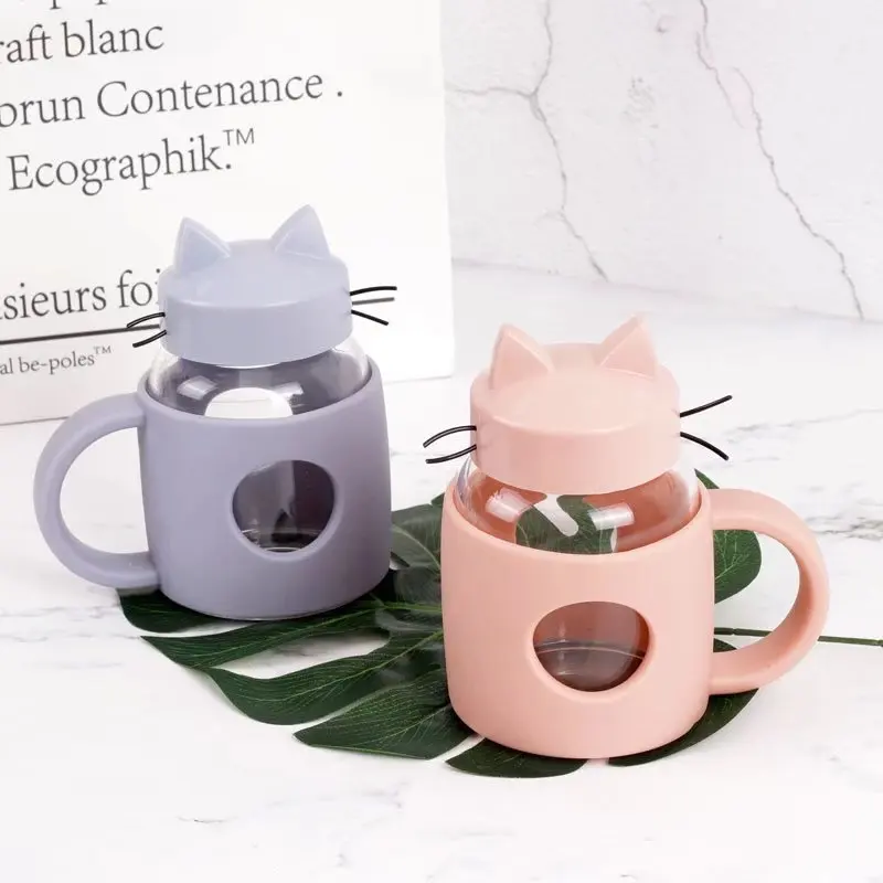 280 мл Милая стеклянная бутылка для воды с мультяшным котом и ручкой портативная