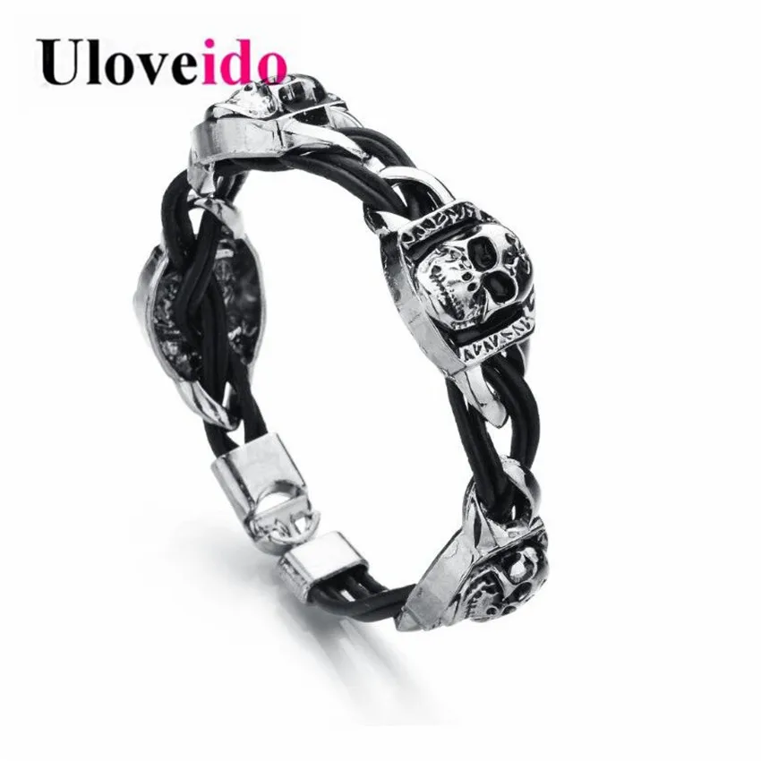 Uloveido Нержавеющая сталь Для мужчин's "скелетная" тема, кожаный браслет, рок, Панк Подвески браслет ювелирные изделия для подарок на Хэллоуин 5% off YB001 - Окраска металла: Stainless Steel
