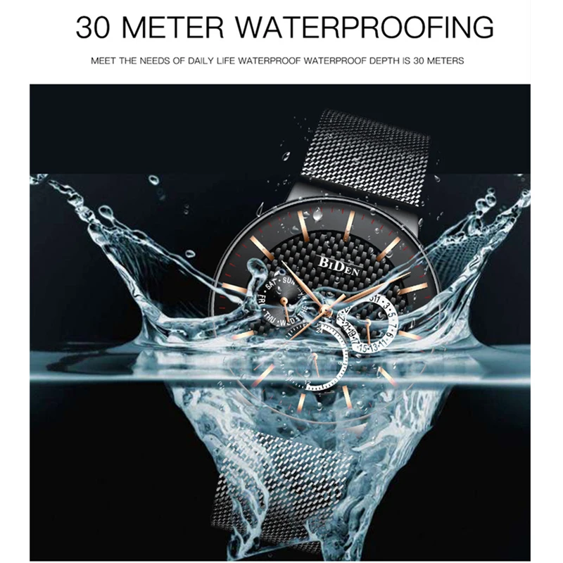 BIDEN модные часы мужские водонепроницаемые тонкие сетчатые ремешок
