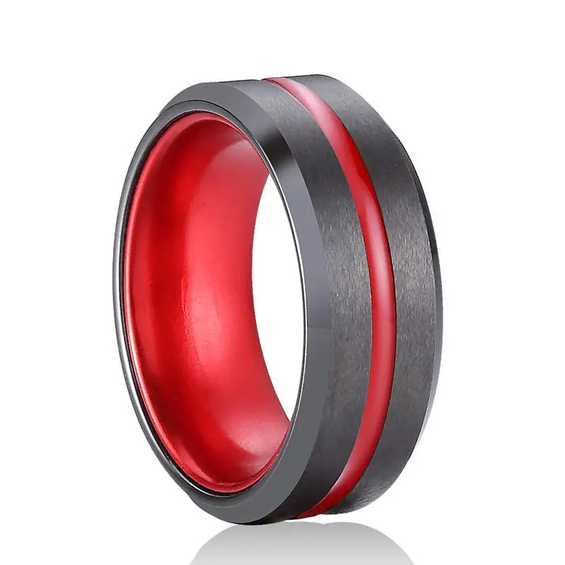 

Engraved Available 8mm Black Ceramic Rings with Red Stripe & Inner Band Beveled Edges Comfort Fit Men Women New Jewelry