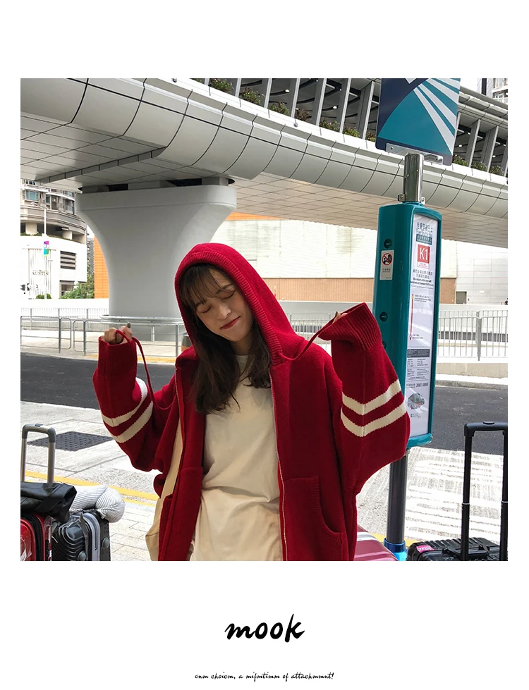 Woherb Harajuku Knitted Cardigan Women Korean Style Modis Striped Print Hooded Sweater Coat Girls Casual Runway Sweaters