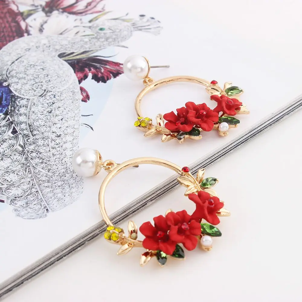 Fashion Simulated Pearl Earrings Elegant Circle Flower Drop for Women Sweet Resin Rhinestone Earring Jewelry|Серьги-подвески| |