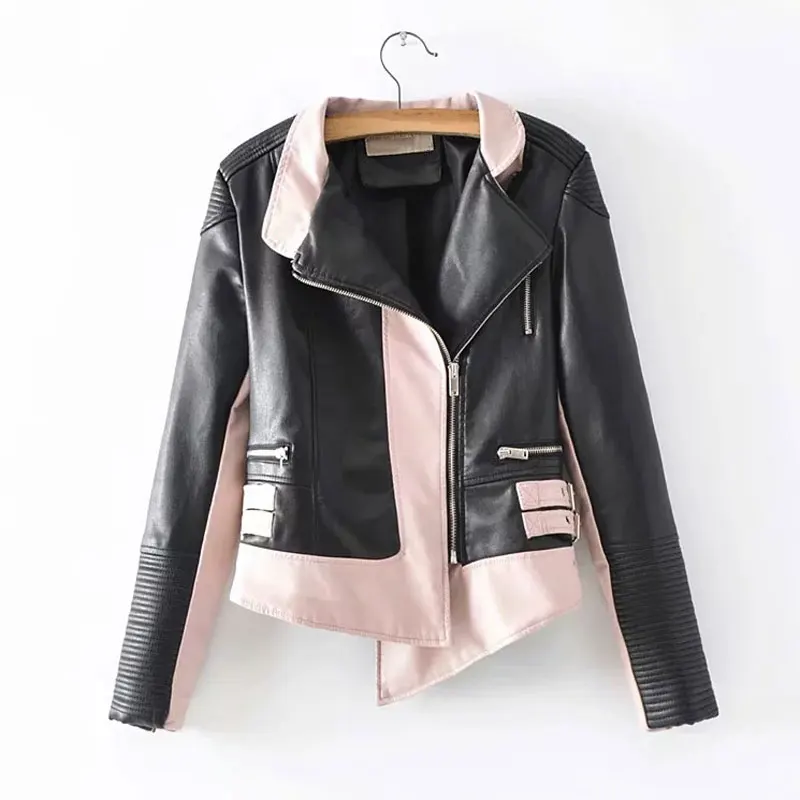 Осенняя Женская куртка из искусственной кожи, ветрозащитные куртки в стиле пэчворк, мотоциклетные короткие пальто, нестандартная кожаная верхняя одежда WWP213
