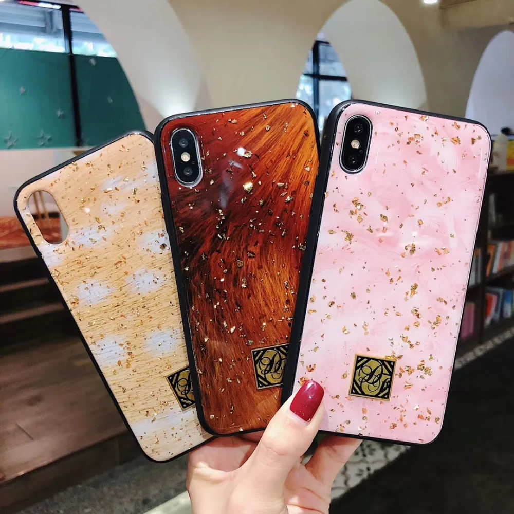 For IphoneXS MAX/XR/8plus Luxury Fashion Sika Deer Pattern Fox Skin Flamingo Feather Glitter Glass Gold leaf TPU Soft Phone Case |