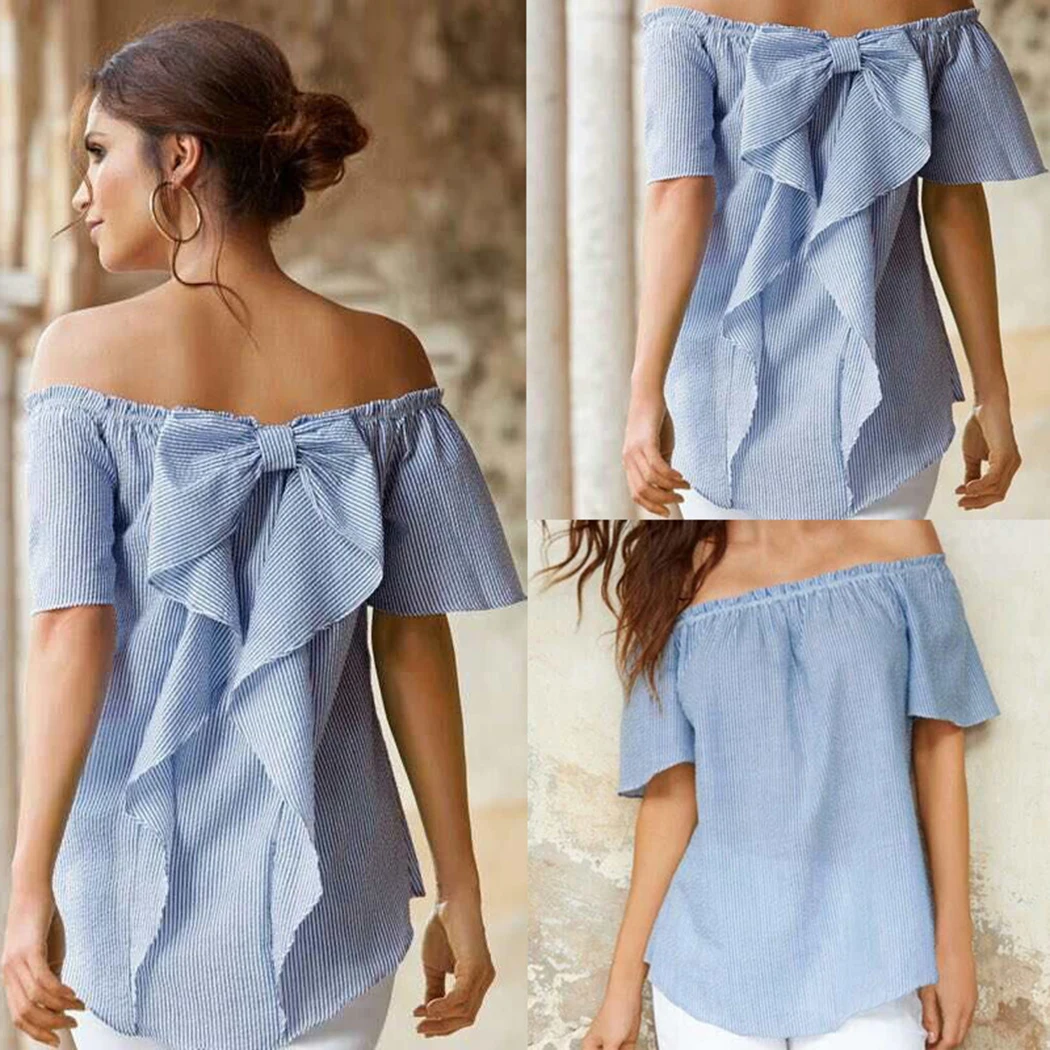 2018 летние Для женщин Блузы с открытыми плечами рубашка в полоску Свободные топы плюс Размеры бантом сзади