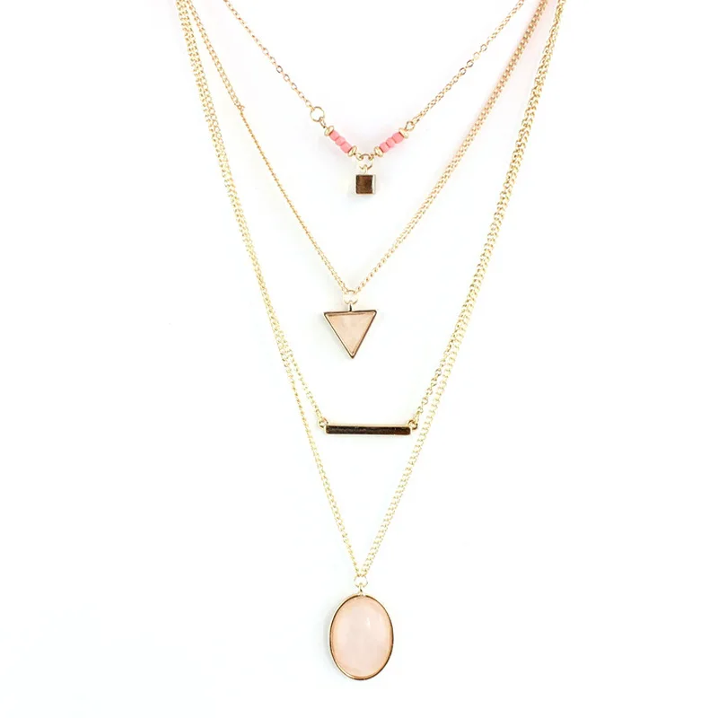 Multilayer Rose Pink Quartz Kallaite Natural Stone Pendant Short Gold Chain Necklaces Geometric Circle Accessories Jewelry | Украшения и