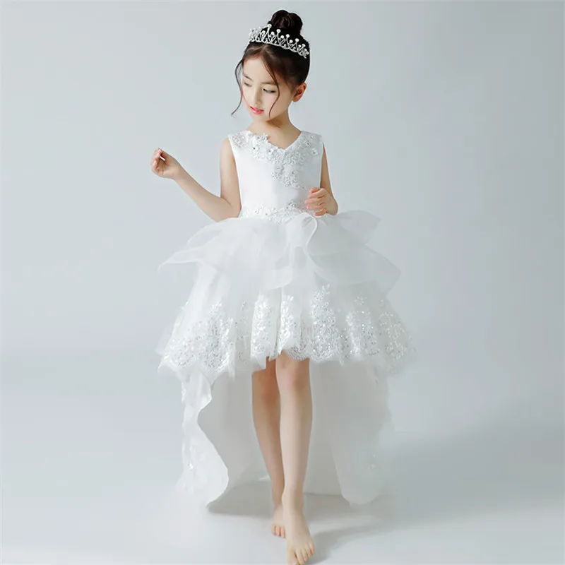dress white color Для детей Белый Цвет на день рождения Свадебная вечеринка длинный хвост принцессы кружевное платье для выпускного вечера для маленьких девочек элегантный хост платье-пачка 3~ 13yrs - Цвет: dress white color