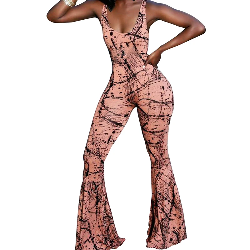 Aikoar Womens Spaghetti Strap Jumpsuits Summer Print Skinny Rompers Sleeveless Wide Leg Overalls for Holiday Beach | Женская одежда