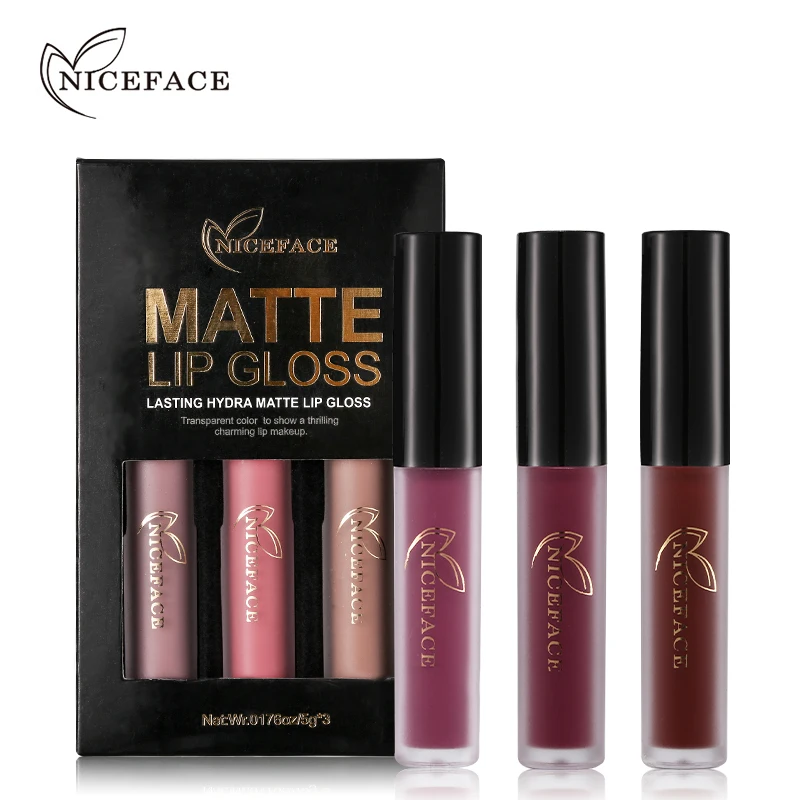 NICEFACE 3 шт./лот Матовая жидкая губная помада макияж набор долговечный водонепроницаемый бархатный блеск для губ телесный сексуальный блеск для губ косметический набор