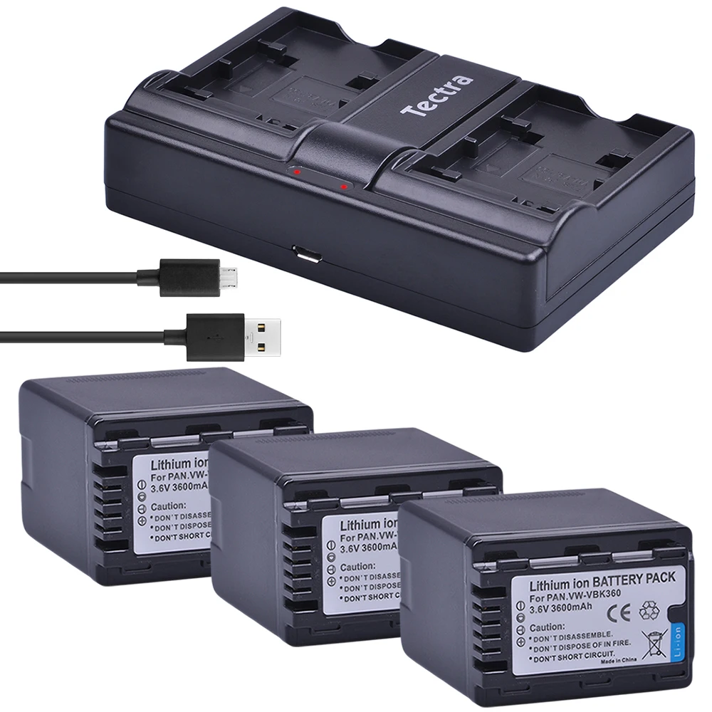 Tectra 3PCS VW VBK360 литий ионная батарея для камеры + USB Двухканальное зарядное