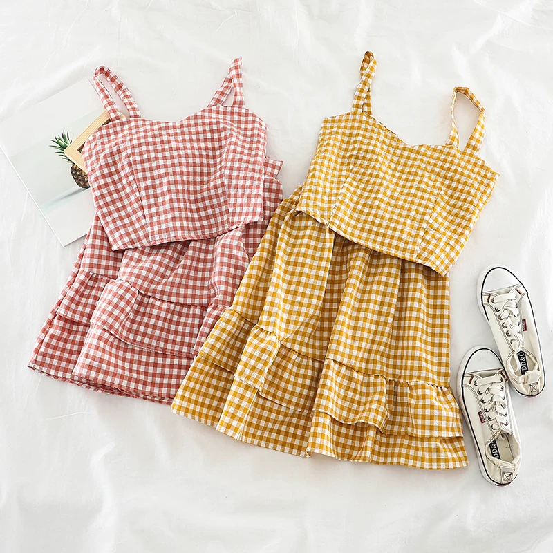 FTLZZ комплект из двух предметов в клетку женские Топы без бретелек на бретельках +