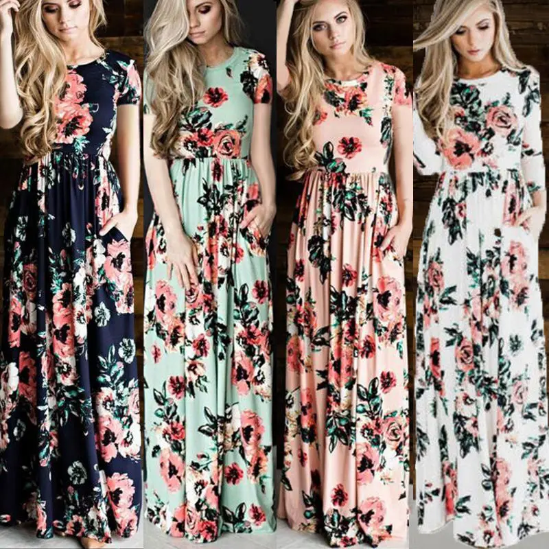 Новые женские длинные вечерние платья BOHO летние пляжные макси с цветочным