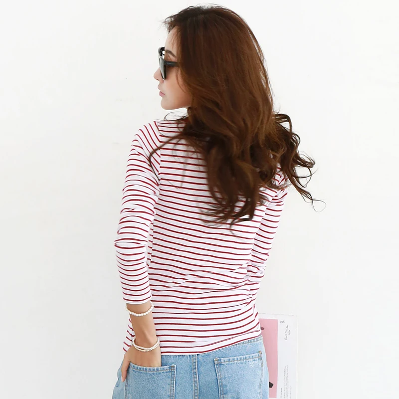 

OUMOWEI Women's T-Shirt 2020 Autumn Fashion New Llong-Sleeved T-Shirt Striped V-Neck Bottoming Shirt Fresh And Sweet Wild Shirt