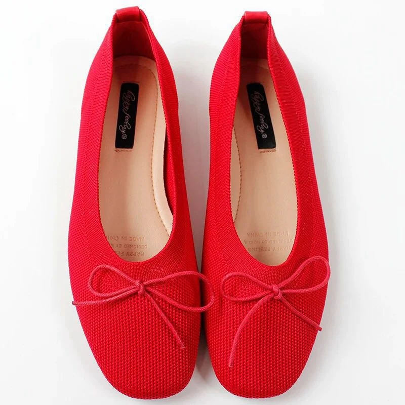 Red Bowtie Bailehou/Новинка года; сезон весна; женские балетки на плоской подошве; дышащие вязаные Мягкие Мокасины с квадратным носком; Разноцветные балетки на плоской подошве с бантом - Цвет: Red Bowtie