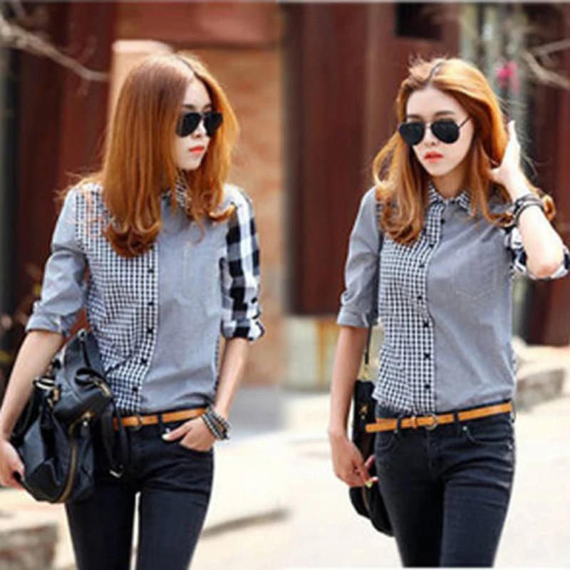 

Fashion Casual Formal New Brand Women Spring Fall Long Sleeve Turn-down Single Breasted Plaid Patchwork Shirt Tops