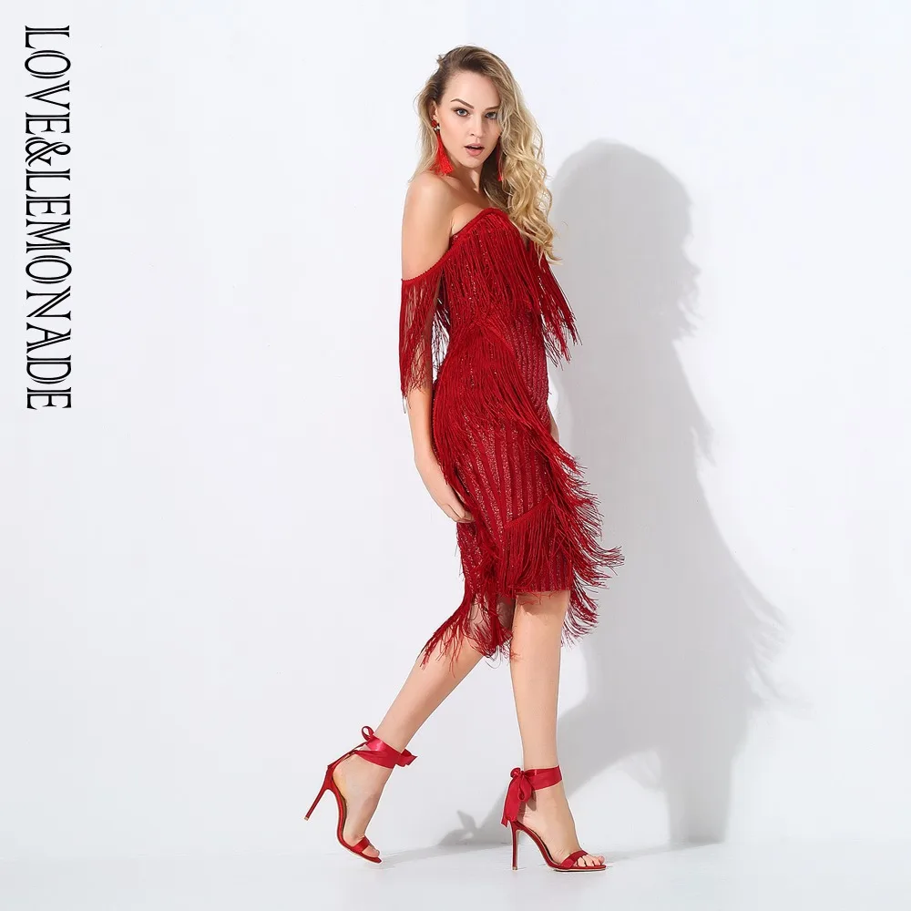 LOVE & LEMONADE вечерние вино Глубокий V воротник кисточкой сшивание полосатый вечернее