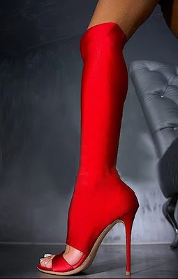 Sexy women elastic fabric bandage long boots open toe hollow out thin heel sandal boots red grey black dropship plus size US10