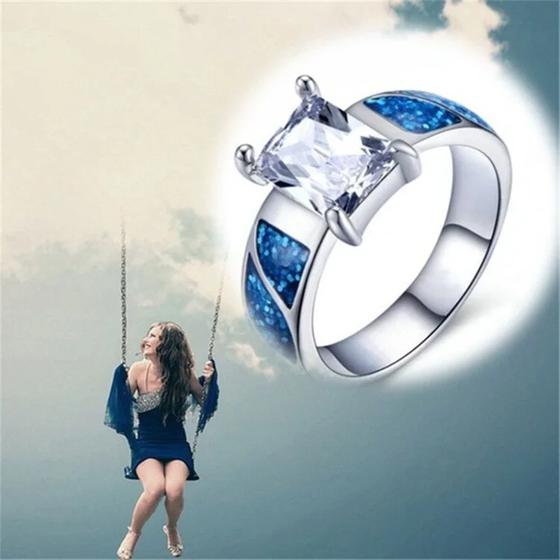 

OMHXZJ Wholesale European Fashion Woman Man Party Wedding Gift Rectangle White Blue Opal AAA Zircon 18KT White Gold Ring RR625
