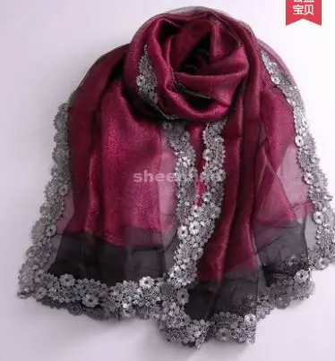 A7 purplish red Silv 22 цвета высокого качества, блестящие двухслойный шелк органза длинный шарф осень зима теплая обертка этнические пашмины с кружевной окантовкой - Цвет: A7 purplish red Silv