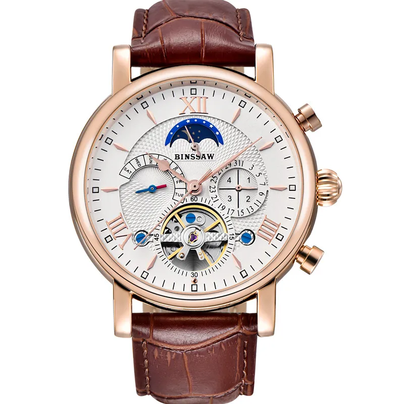 Часы BINSSAW Reloj мужские механические автоматические деловые кожаные Montre Homme Moon Phase