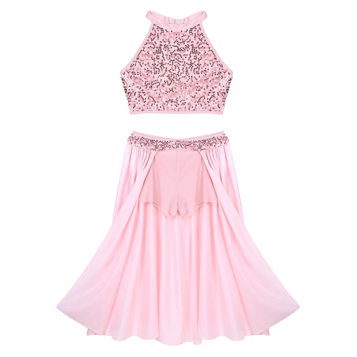 TiaoBug Women Ballet Dress Sequin Halter Crop Top with Built-In Leotard Skirt Set Adult Stage Competition Lyrical Dance Costumes