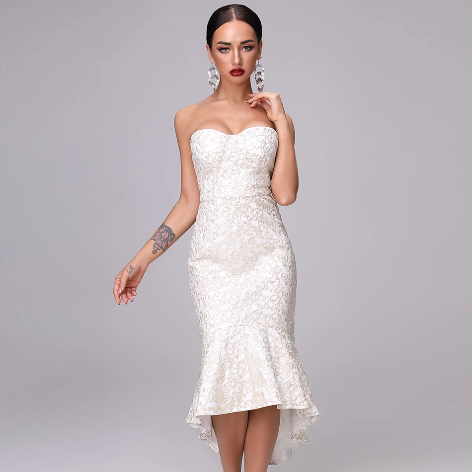 Роскошное Золотое кружевное длинное платье для женщин Русалка Vestidos сексуальное без бретелек облегающее Бандажное платье для вечеринок Новое подиумное рождественское платье